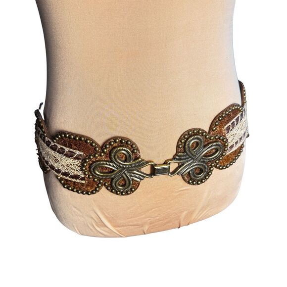 Leatherock USA 7267 Wide Stretch Waist Belt Brown Leather Bronze Buckle Boho L - Picture 4 of 16